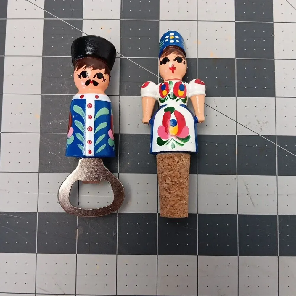 Hand Painted Russian Wine Stopper and Bottle Opener Set Traditional Holiday